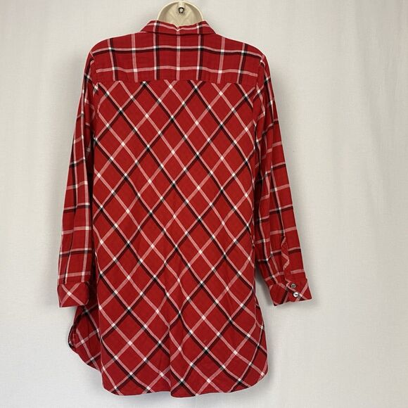 J Jill Tunic Button Up Top Womens Medium Petite Red Plaid Pockets Shacket Grunge - Picture 7 of 14